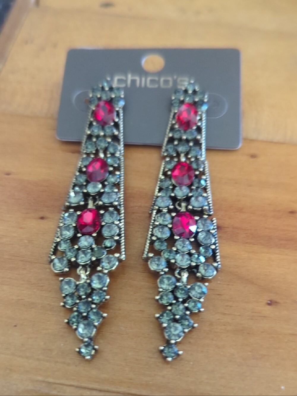 Chico's Red and Clear Crystal Drop Earrings